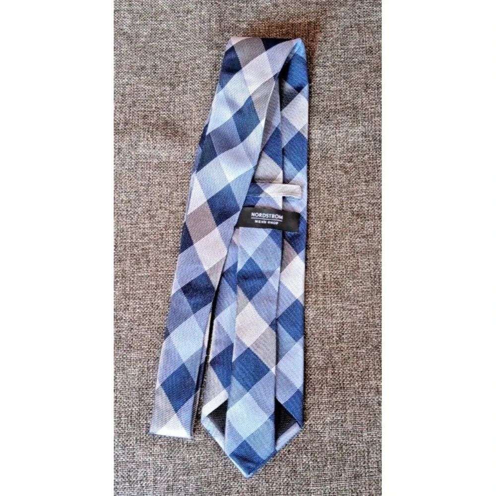 Tie 70s 80s 90s Y2K Mens Nordstrom Silk Blue Plaid 3.5 Wide 60 Long